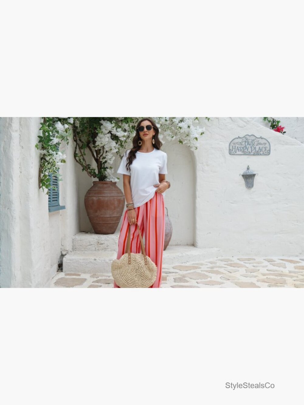 Wide Leg Palazzo Pants with Pockets Flowy Drawstring Elastic Waist Trousers - Picture 7 of 7